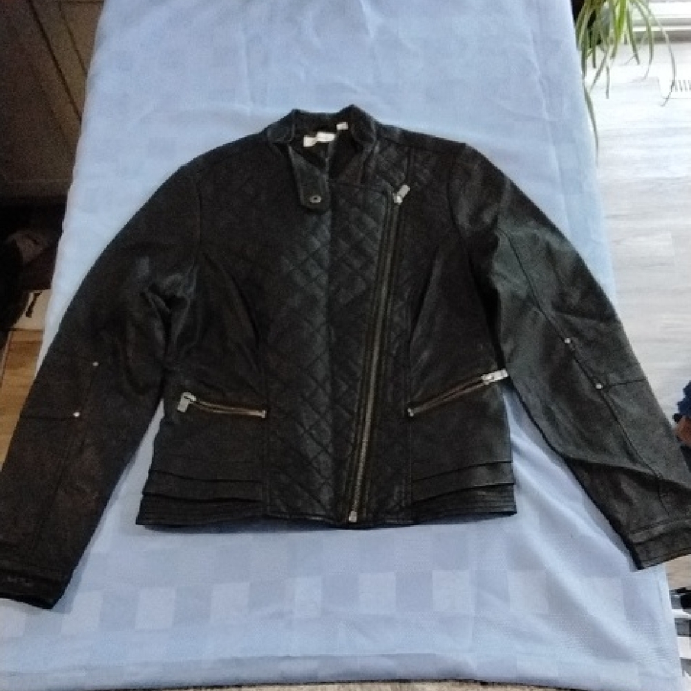 Reitmans Black Leather Moto Jacket with Quilted Design
